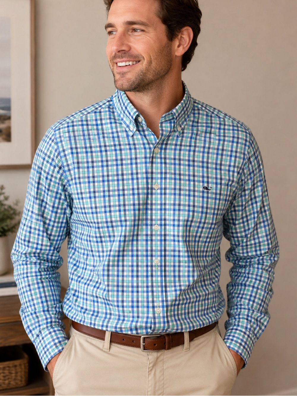 Vineyard Vines Whale Shirt Mens Large Blue Aqua Plaid Button Down Cotton